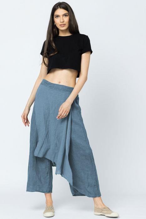 Pantaloni de vara din in, cu aplicatii pe fata si spate, albastru jeans