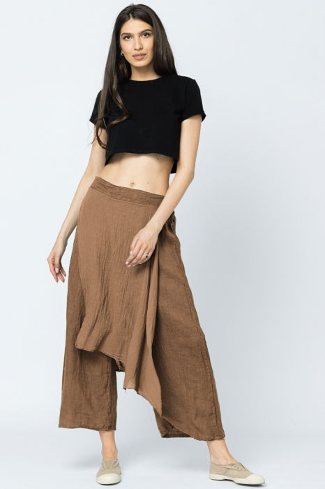 Pantaloni de vara din in, cu aplicatii pe fata si spate, camel