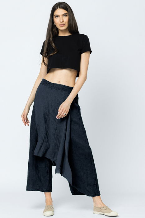 Pantaloni de vara din in, cu aplicatii pe fata si spate, bleumarin