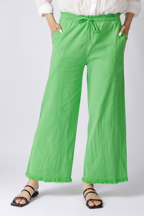 Pantaloni de vara din in si bumbac cu franjuri mici, verde deschis [3]