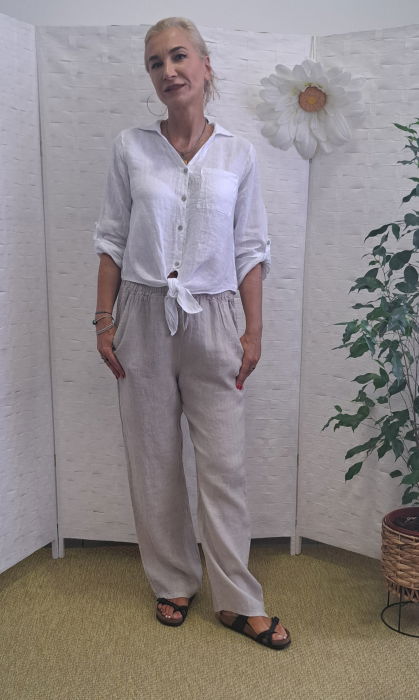 Pantaloni de vara, drepti, din in, cu siret in talie, bej [2]