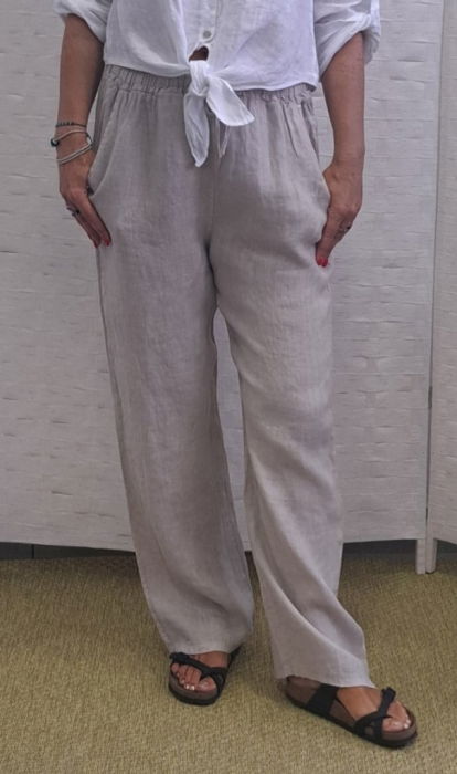 Pantaloni de vara, drepti, din in, cu siret in talie, bej