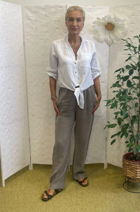 Pantaloni de vara, drepti, din in, cu siret in talie, bej inchis [4]