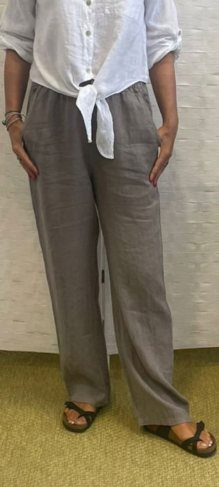 Pantaloni de vara, drepti, din in, cu siret in talie, bej inchis [2]