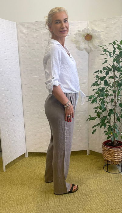 Pantaloni de vara, drepti, din in, cu siret in talie, bej inchis [5]