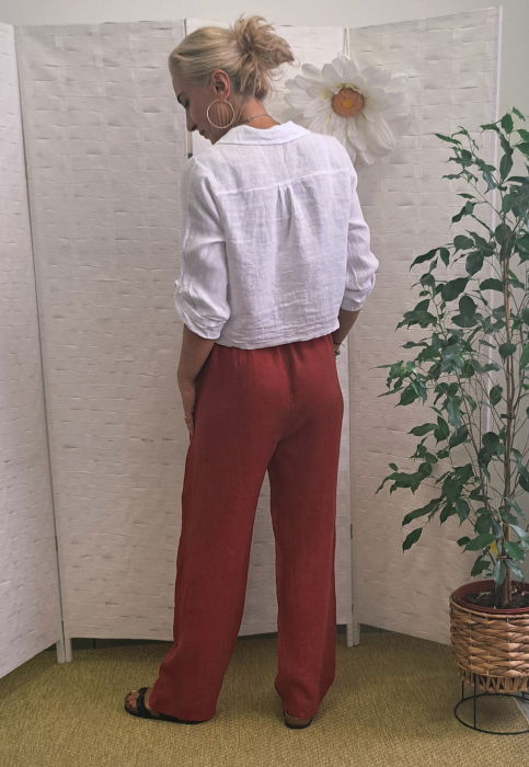 Pantaloni de vara, drepti, din in, cu siret in talie, caramizii [5]