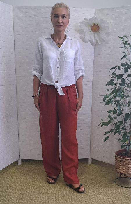 Pantaloni de vara, drepti, din in, cu siret in talie, caramizii [2]