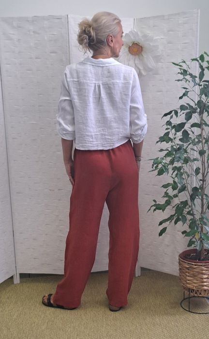 Pantaloni de vara, drepti, din in, cu siret in talie, caramizii [7]