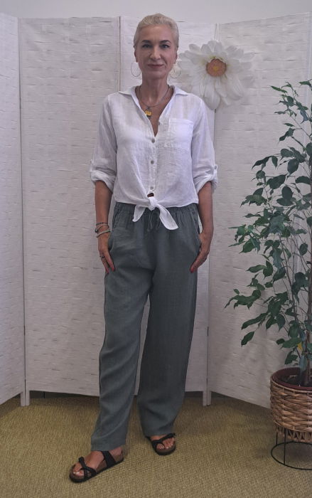 Pantaloni de vara, drepti, din in, cu siret in talie, kaki [3]