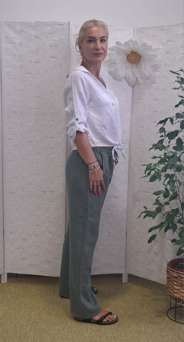 Pantaloni de vara, drepti, din in, cu siret in talie, kaki [5]