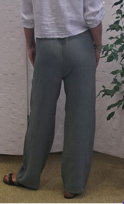 Pantaloni de vara, drepti, din in, cu siret in talie, kaki [2]