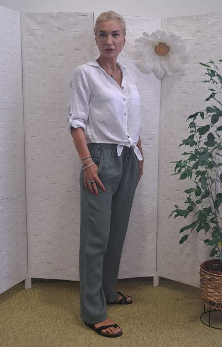 Pantaloni de vara, drepti, din in, cu siret in talie, kaki [6]