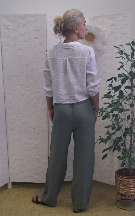 Pantaloni de vara, drepti, din in, cu siret in talie, kaki [4]