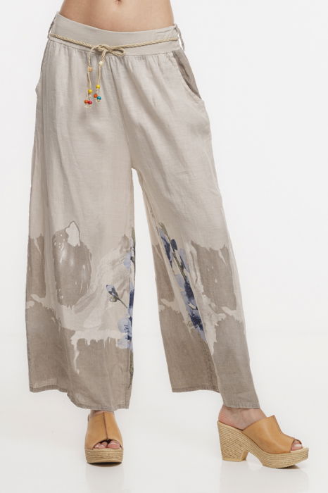 Pantaloni de vara largi din in bej cu imprimeu floral artistic
