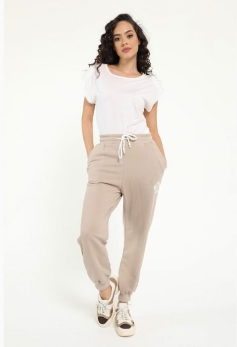 Pantaloni din bumbac bej, casual, cu floricica [2]