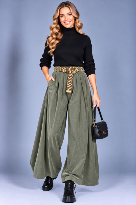 Pantaloni palazzo din catifea reiata de bumbac, cu pliuri ample si curea inclusa, kaki — Rosa 99, Pantaloni