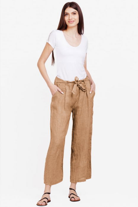 Pantaloni din in, cu cordon in talie, camel [4]