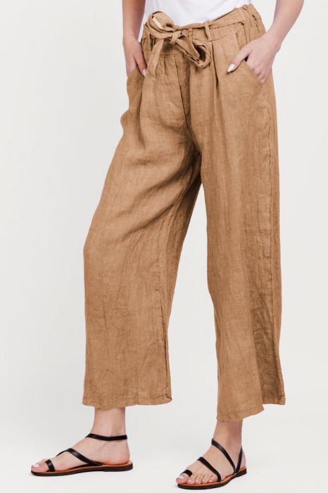 Pantaloni din in, cu cordon in talie, camel [2]