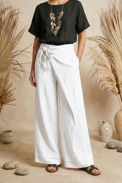 Pantaloni din in petrecuti, croi amplu, talie ajustabila, stil natural elegant, albi