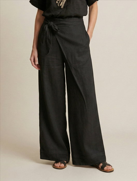 Pantaloni din in petrecuti, croi amplu, talie ajustabila, stil natural elegant, negri