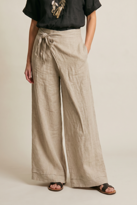 Pantaloni din in petrecuti, croi amplu, talie ajustabila, stil natural elegant, bej