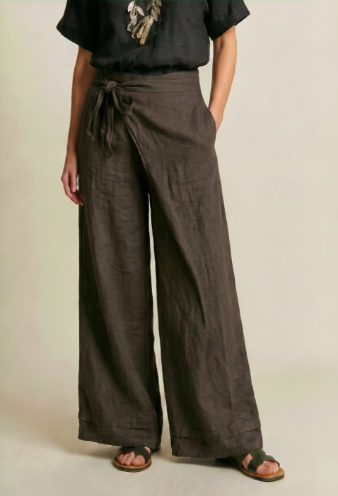 Pantaloni din in petrecuti, croi amplu, talie ajustabila, stil natural elegant, maro