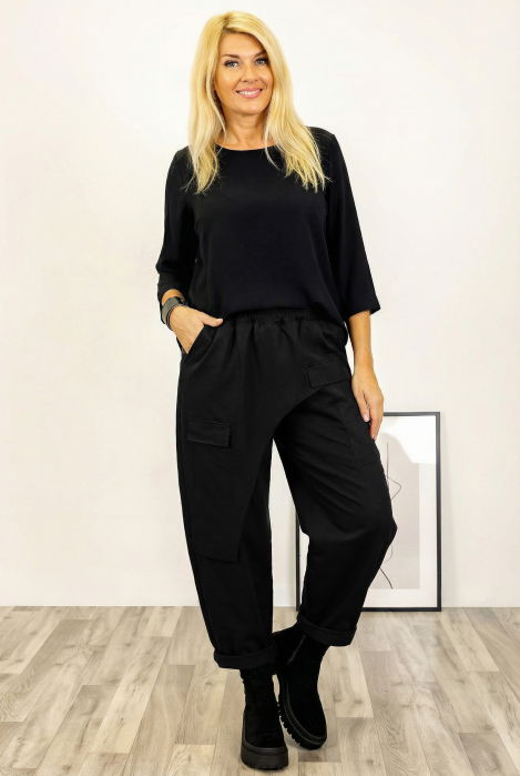 Pantaloni din jerseu de bumbac cu o parte petrecuta si buzunar lateral, negru [1]