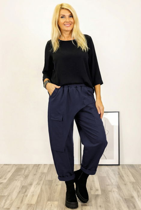 Pantaloni din jerseu de bumbac cu o parte petrecuta si buzunar lateral, bleumarin [1]