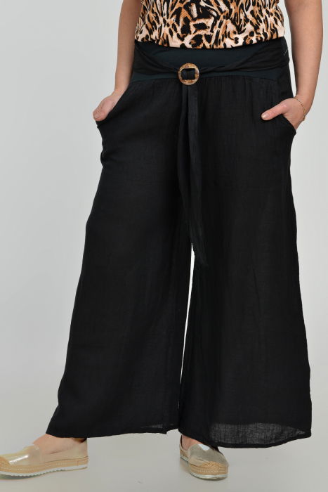 Pantaloni drepi, largi, de vara, din in, cu accesoriu de lemn, negri