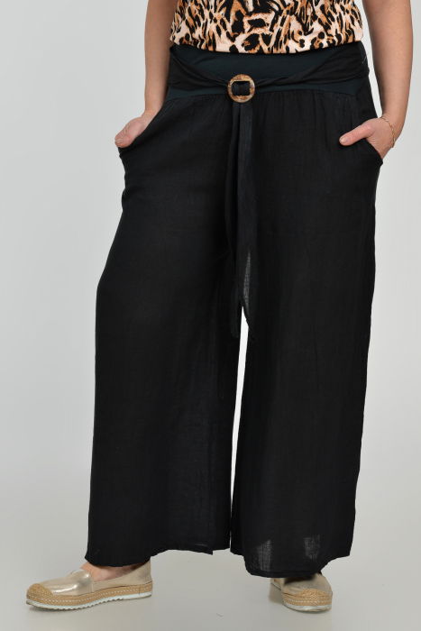Pantaloni drepi, largi, de vara, din in, cu accesoriu de lemn, negri [2]