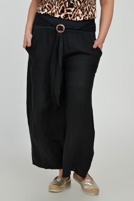 Pantaloni drepi, largi, de vara, din in, cu accesoriu de lemn, negri [4]