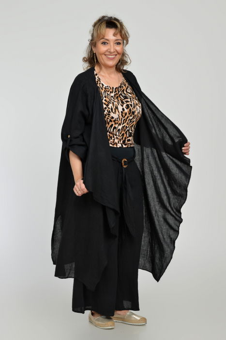 Pantaloni drepi, largi, de vara, din in, cu accesoriu de lemn, negri [11]