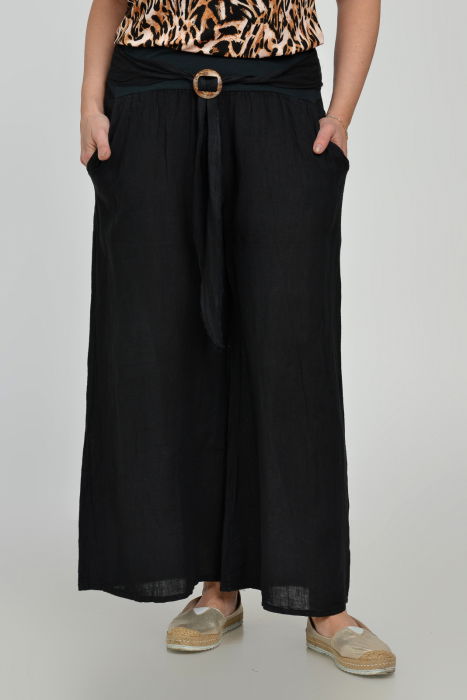 Pantaloni drepi, largi, de vara, din in, cu accesoriu de lemn, negri [3]