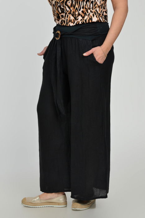 Pantaloni drepi, largi, de vara, din in, cu accesoriu de lemn, negri [5]