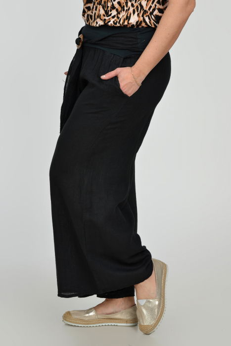 Pantaloni drepi, largi, de vara, din in, cu accesoriu de lemn, negri [6]