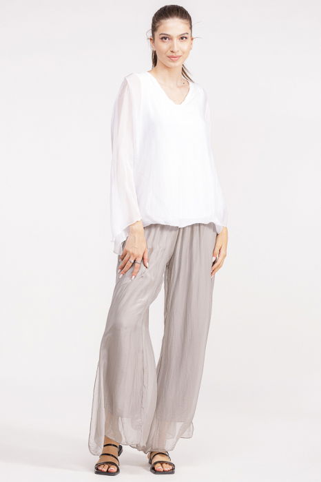 Pantaloni bej din matase si vascoza, cu crapaturi laterale [4]