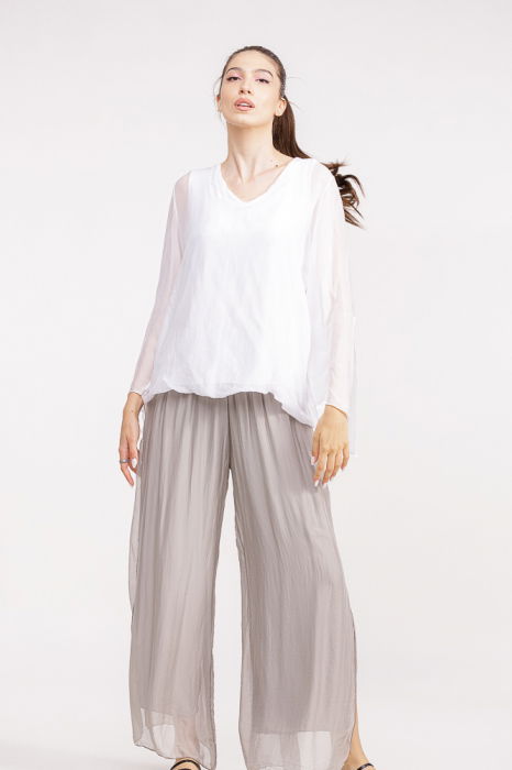 Pantaloni bej din matase si vascoza, cu crapaturi laterale [5]