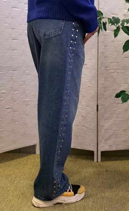 Blugi wide leg albastri cu capse laterale decorative [3]