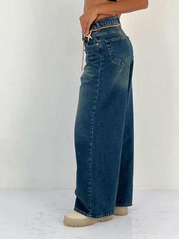 Pantaloni jeans denim croiala larga, albastru [3]