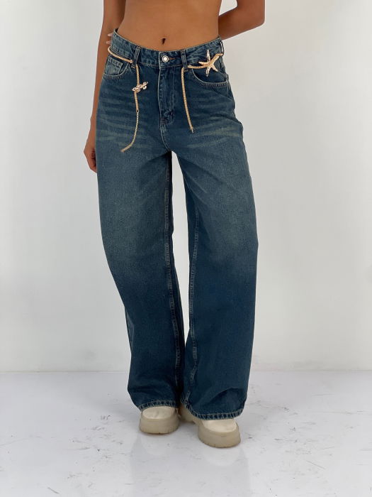 Pantaloni jeans denim croiala larga, albastru