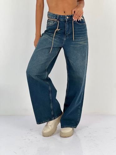 Pantaloni jeans denim croiala larga, albastru [6]