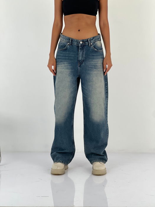 Pantaloni jeans denim croiala larga, albastru prespalat [5]