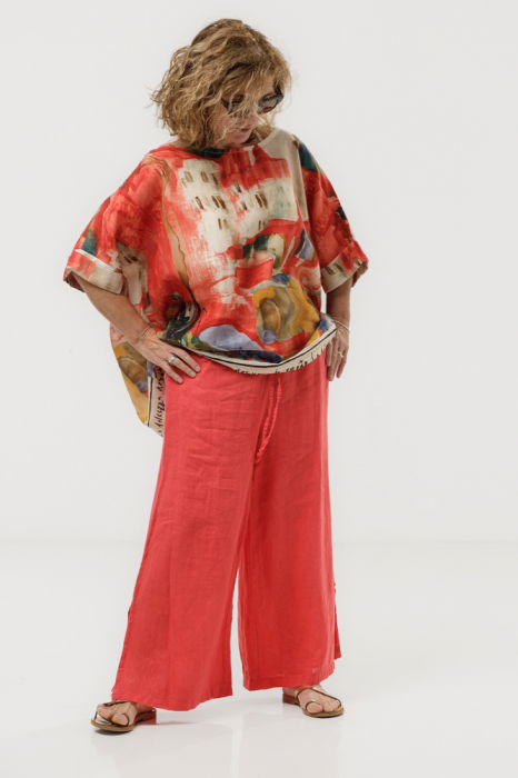 Pantaloni largi de vara din in, pentru minione, cu croi lejer, rosu corai [2]