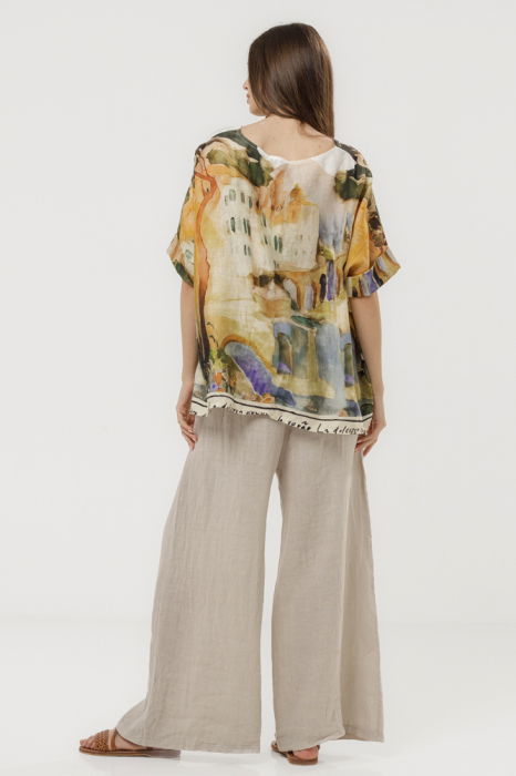 Pantaloni largi de vara, din in bej cu croi lejer si curea din sfoara [8]