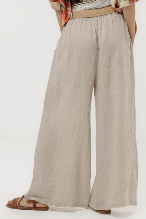 Pantaloni largi de vara, din in bej cu croi lejer si curea din sfoara [3]