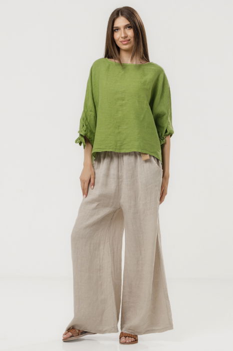 Pantaloni largi de vara, din in bej cu croi lejer si curea din sfoara [4]