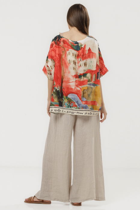 Pantaloni largi de vara, din in bej cu croi lejer si curea din sfoara [7]