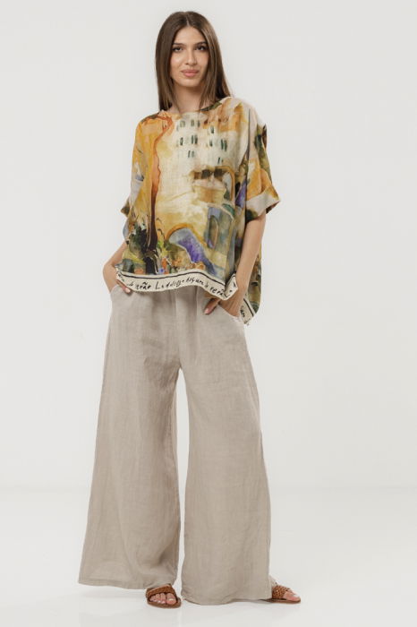 Pantaloni largi de vara, din in bej cu croi lejer si curea din sfoara [5]