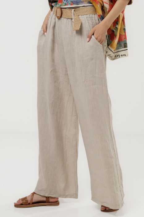 Pantaloni largi de vara, din in bej cu croi lejer si curea din sfoara [2]