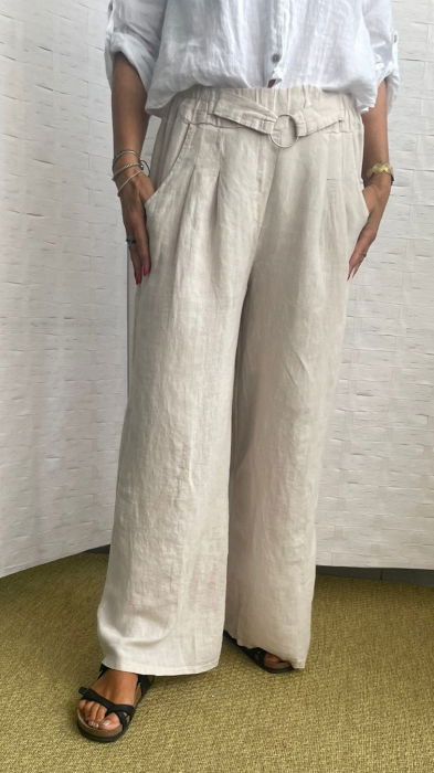 Pantaloni largi de vara din in, cu cerc metalic, bej [2]